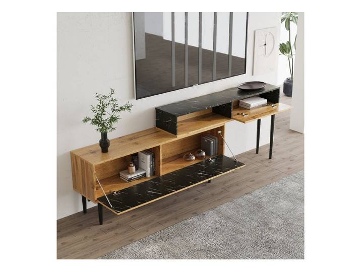 MC Star TV-Ständer Moderner TV-Ständer mit Marmor- und Holzmaserungsdesign, PVC-Kante, (Eisenbeinen, dunkle Holzfarbe, Heimdekoration, platzsparend, langlebig und langlebig)