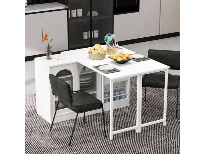 Table de bar moderne table de bar rétractable rotative à 360° avec espace de rangement porte d'armoire en verre blanc