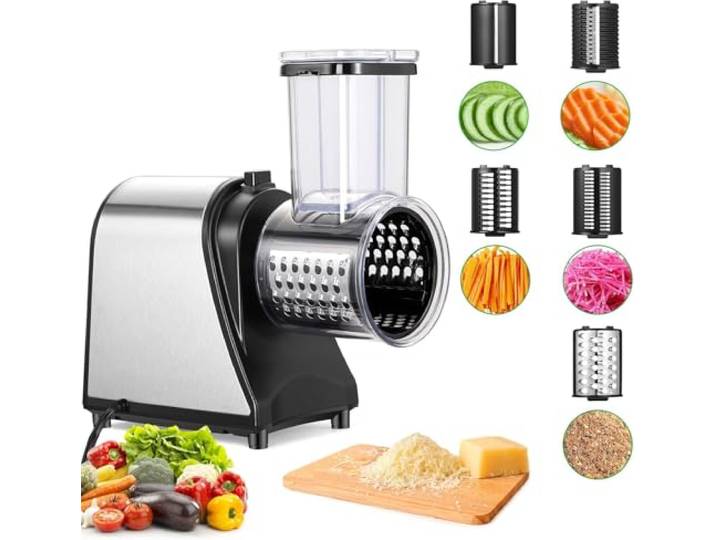 COOCHEER 250W Elektrischer Gemüseschneider - 5 Klingen Edelstahl Käsereibe mit großer Einfüllöffnung. Ideal zum Schneiden und Raspeln von Gemüse, Käse und Nüssen