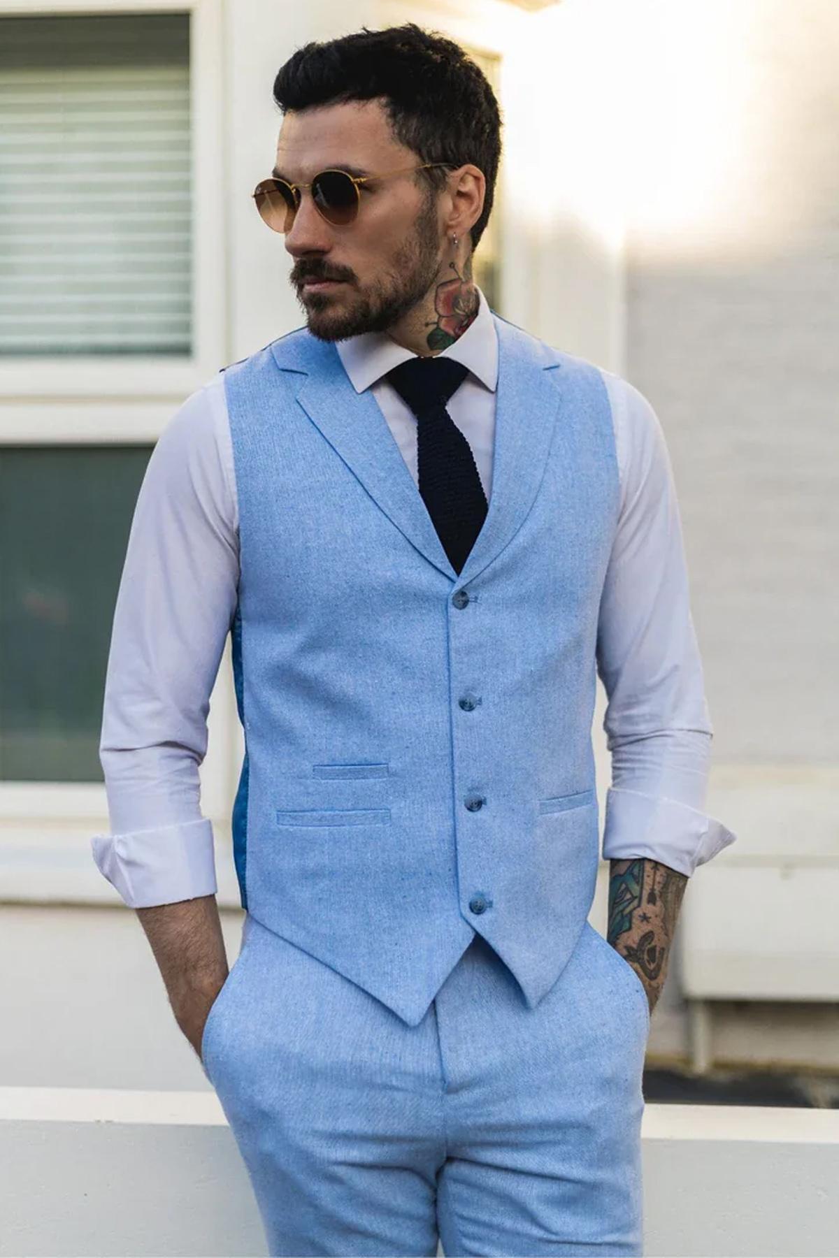 Herren Sommer 2-Teiler Anzug Leinen Formal Blau Weste Hose