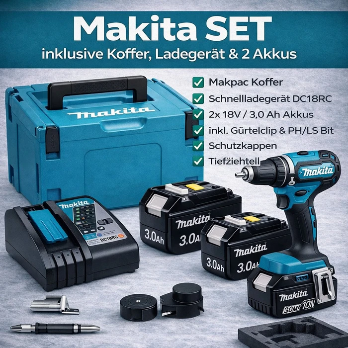 Makita Akku-Schlagbohrschrauber DHP482RFWJ, 18Volt (weiß/schwarz, 2x Li-Ionen Akku 3,0Ah, im MAKPAC Gr. 2)