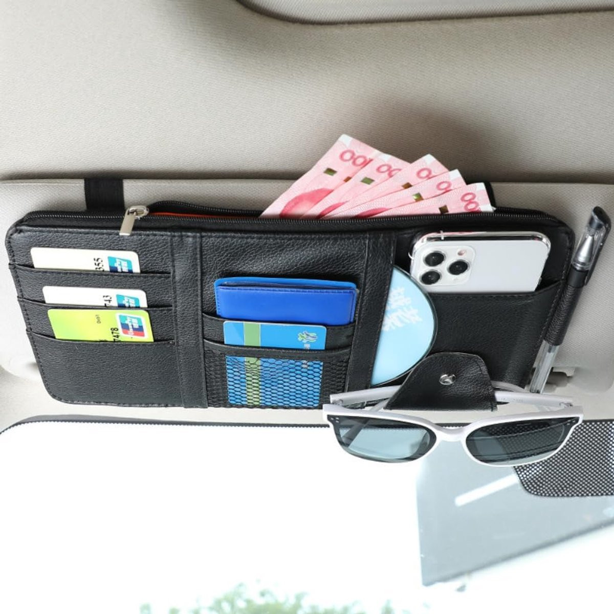 Zwarte PU Auto-zonneklep Organizer met meerdere vakken voor zonnebril, rijbewijs, kaarten, sleutels, pen en mobiele telefoon
