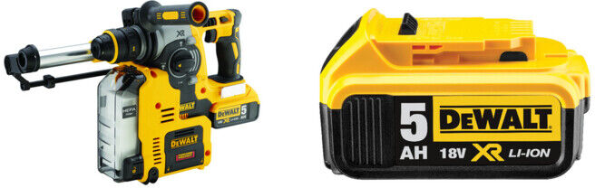 Set DeWalt Akku-Kombihammer mit Absaugung,18,0 Volt + DeWalt 18,0V / 5,0 Ah Ersatz-Akku