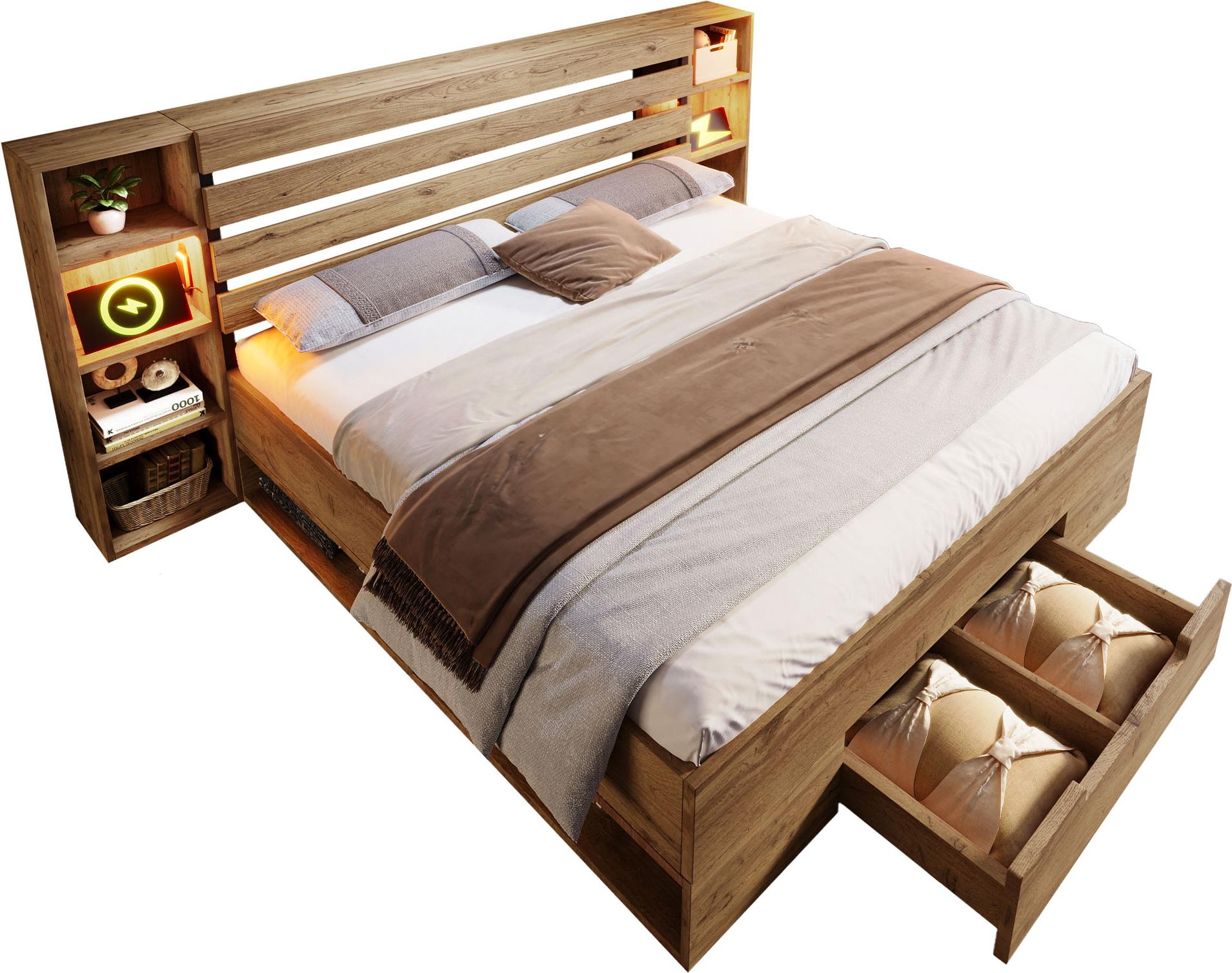 Doppelbett Massivholzbett 160×200, Stauraumbett Bettanlage mit LED-Beleuchtung und USB C Stauraum-Kopfteil und Schubladen, (Ohne Matratze), Ohne Matratze, 200 cm, 160 cm