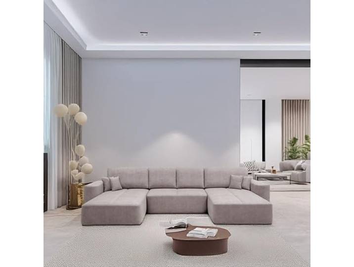 KP-Meble Ecksofa mit schlaffunktion und bettkasten, U-förmiges Ecksofa Soreo, Schlafsofa 330x140cm, Automatisch für einfaches Ausklappen, 389x184x93cm (Whisper 3, Antelope)