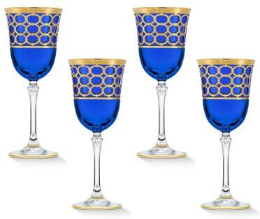 Lorren Home Trends Cobalt Blue Red Wine Goblet with Gold Rings, Set of 4