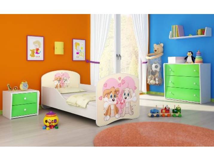 ACMA I Kinderbett 160x80 Jugendbett Komplett mit Matratze Lattenrost Weiß, stabil, Kinderzimmer Bett, Jugendmöbel Design 12 Welpen