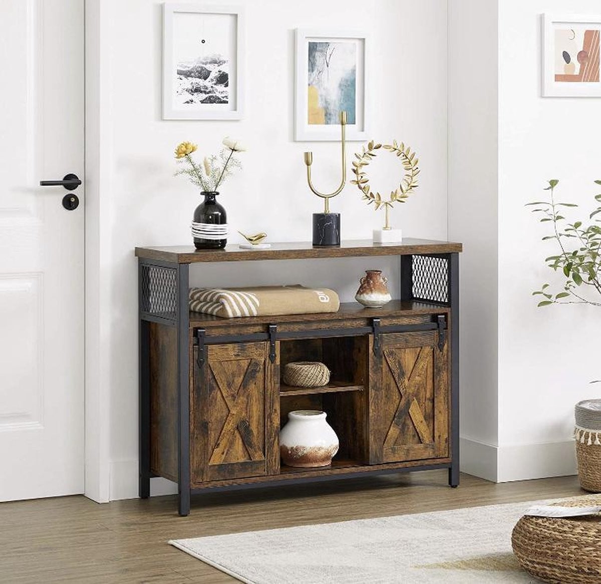 MAZAZU Industrieel Dressoir met Deuren - TV Meubel - Bruin Zwart - B: 101 cm, D: 33 cm, H: 80 cm
