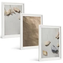 BILDER SET 3er Set - 40x60 cm Weißer Rahmen - Steine Strand natürliche Strukturen