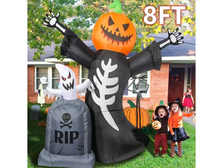Pierre tombale gonflable pour Halloween, 8 pieds, fantôme, citrouille, crâne, décoration extérieure, maison d'horreur, cour, accessoires de jardin, décor de fête d'halloween
