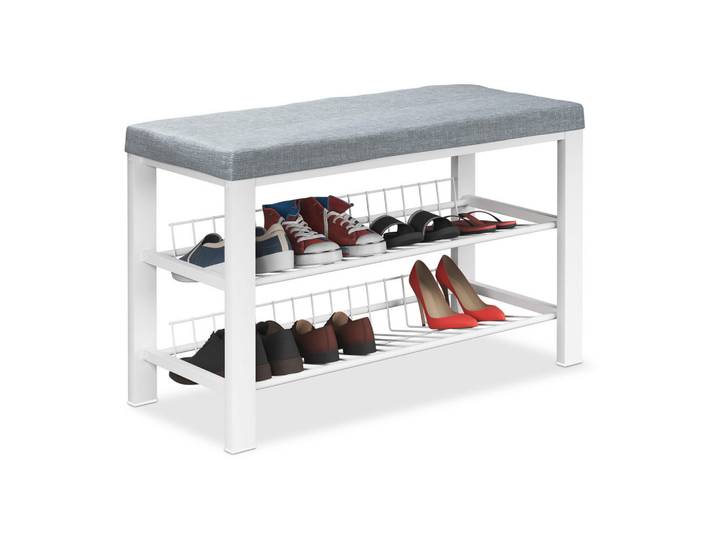 Relaxdays Schuhbank Grau Weiß Polster 2 Ebenen, Metall, Rechteckig, 82x50.5x33 cm, Garderobe, Schuhaufbewahrung, Schuhregale