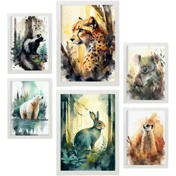 POSTER Set Mit 6 Tiefer Wald Illustrationen Von Tieren In Naturlandschaften, Realistischer Aquarellstil Innenarchitektur A3 & A4 Weißer Rahmen
