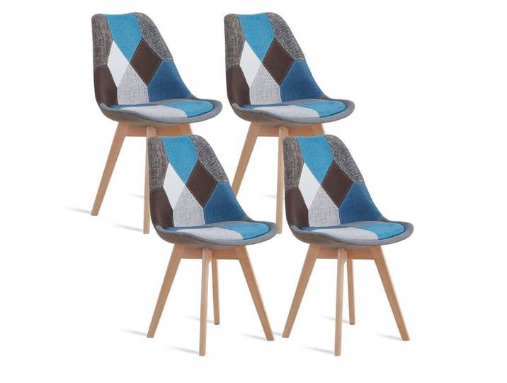 Lot de 4 chaises de salle à manger - Scandinave - Pieds en bois - Lin patchwork - Bleu - Chaise de cuisine