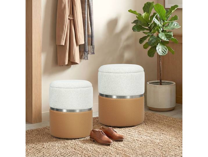 HOMCOM Ensemble 2 Poufs Rangement Chenille PU Marron Crème