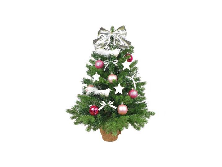 Laalu Weihnachtsbaum künstlicher 60 cm mit LED-Beleuchtung, Rosenfest, mit 35 Weihnachtsbaumschmuck, Pflanztopf mit Jutesack, Grün, Weiß, Pink, Silberfarben, Stein, Kunststoff, Tanne, Freiform, 60 cm, Dekoration, Weihnachtsdekoration, Christbäume & Zubehör