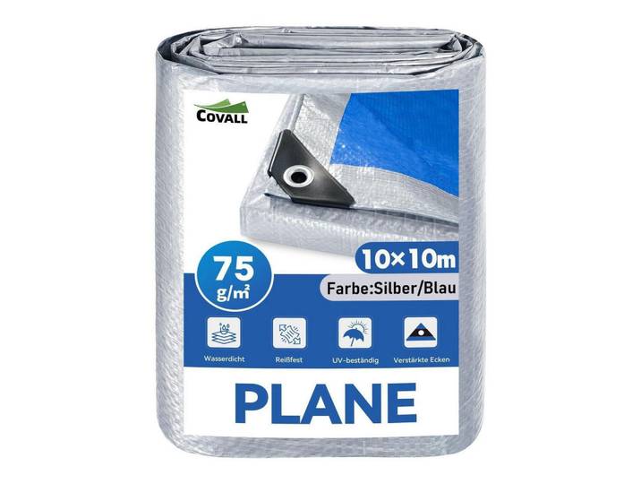 Plane 10 x 10 m Silber/Blau Wasserdicht UV-beständig, Mehrfarbig, Kunststoff, 28x22x38 cm, Gartenzubehör, Abdeckung für Gartenmöbel