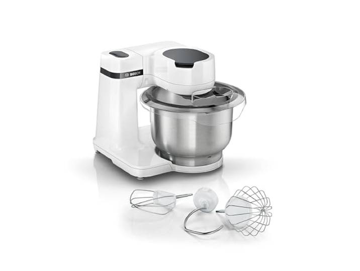 Bosch Küchenmaschine Serie 2, kleine Küchenmaschine, Edelstahl-Schüssel 3,8 L, Knethaken, Schlag-, Rührbesen spülmaschinenfest, 4 Arbeitsstufen, 700W, weiß, MUMS2EW00