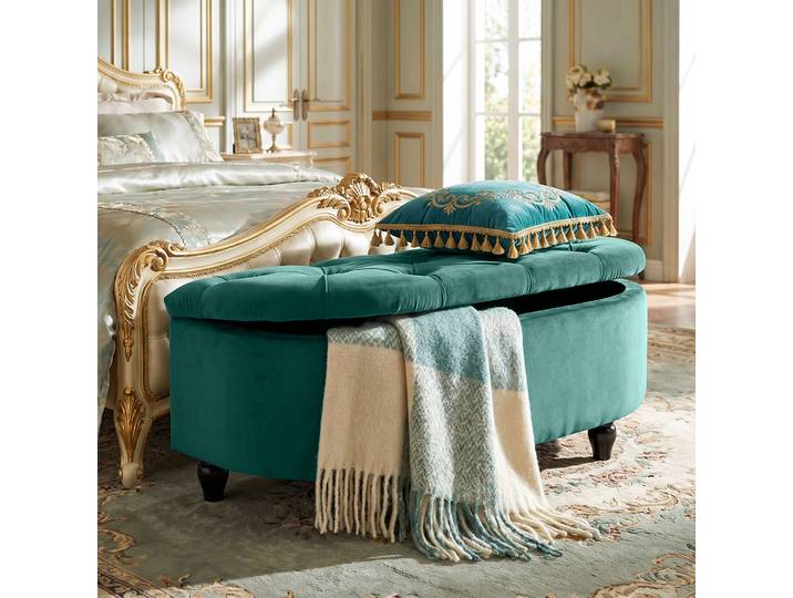 HOMCOM Pouf de Rangement Coffre 2 en 1 - Pouf capitonné Demi-Cercle - Pieds Bois hévéa Noir revêtement Velours vert