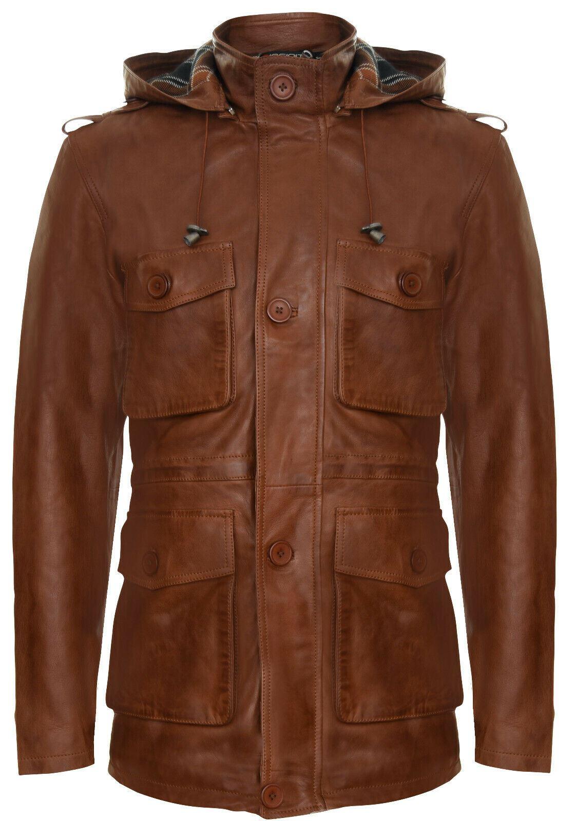 Leren trenchcoat met meerdere zakken en capuchon