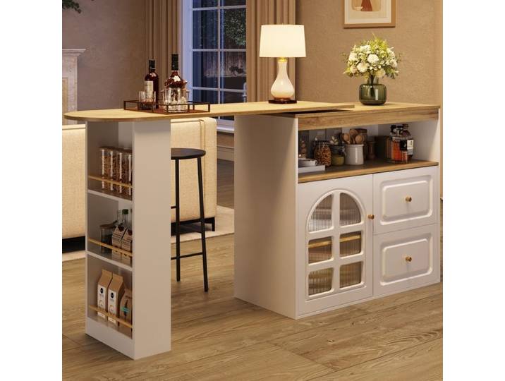 Table Bar Haute Extensible avec Rangements Buffet Bar Rotatif 360° en MDF Tiroirs Niches Ouvertes et Porte Vitrée Arquée Blanc