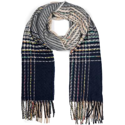 Strickschal STYLEBREAKER "Feinstrick Schal Zick-Zack gestreift", Damen, beige (beige, dunkelblau), Obermaterial: 100% Polyester PES., Modisch, Modetücher
