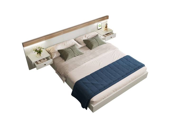 POLSTERBETT Weiß 160x200cm Eiche LED Stauraum Nachttische USB