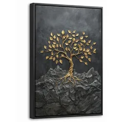 LEINWAND Bilder mit Rahmen - Blätter - Gold - Baum - Fels - 40x60