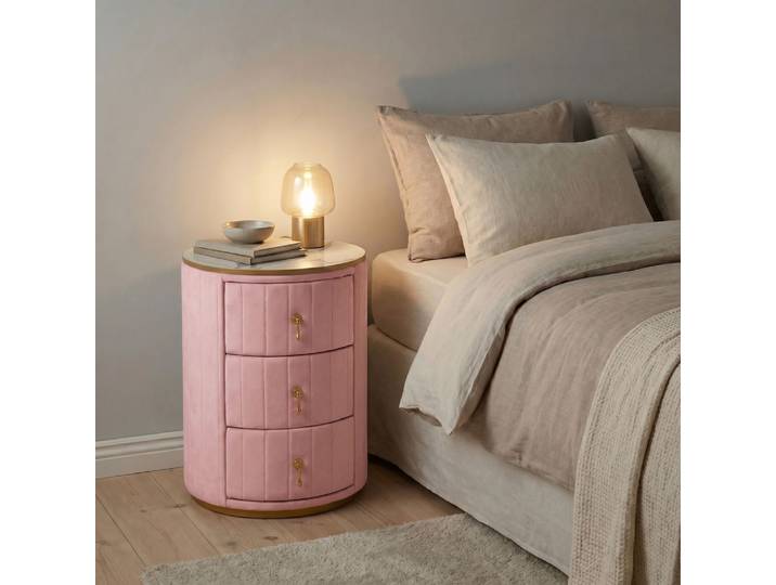 Table de chevet à 3 tiroirs en velours rose, plateau en marbre avec quincaillerie dorée, armoire de chevet moderne