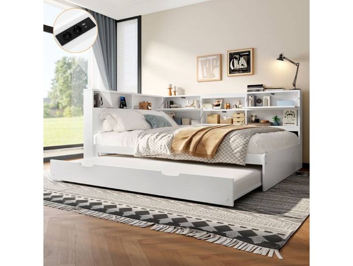 Lit gigogne - ZEVKOR - Lit Gigogne 2 Places - 140x200/90x190 cm - Tête de lit rangement - USB & Type-C