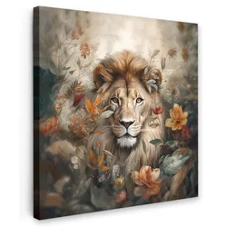 LEINWANDBILD Löwe - Wildtiere - Pflanzen - Natur - Blumen Deko Groß 90x90 cm