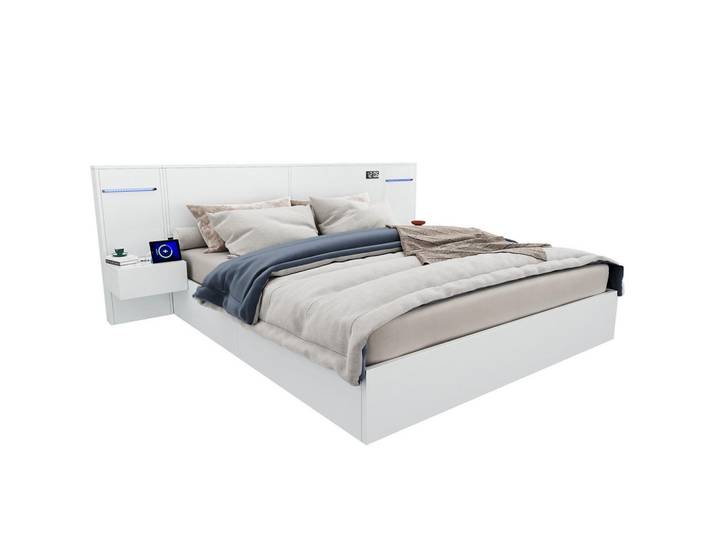 Modfu Polsterbett aus MDF 160x200 cm Weiß mit Bluetooth-Lautsprechern, Usb-A/Usb-C, LED-Lichtleiste und 2 Nachttischen, 160x200 cm, Schlafzimmer, Betten, Polsterbetten