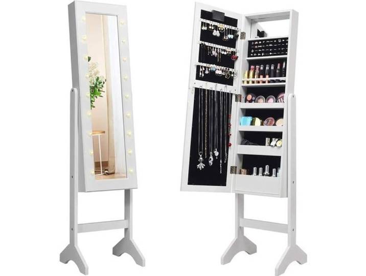 Armoire à Bijoux sur Pied GOPLUS - Miroir Plein Longueur & Lumières LED - Verrouillable Blanc