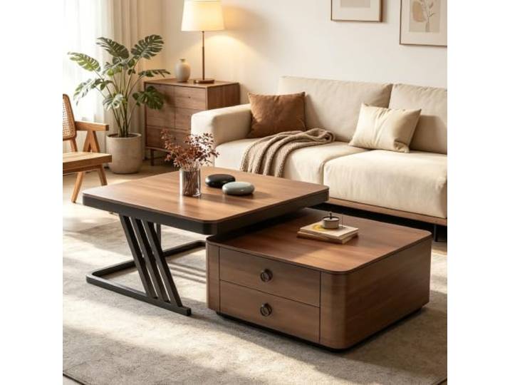 Mid-Century Couchtisch-Set handgefertigt, zwei versteckte Stauraumschübe Couchtisch stapelbar platzsparend, einteiliges Gießverfahren, stabile wackelfreie Konstruktion(Walnut)