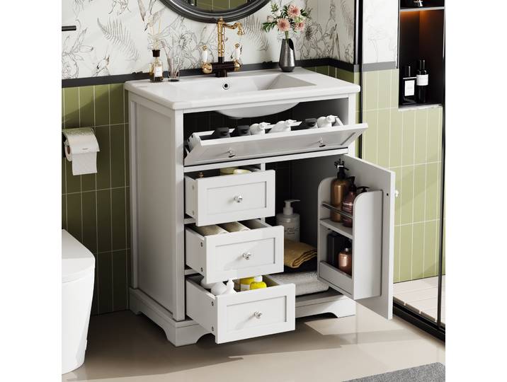 Redom - Meuble De Salle De Bain 76x46x87 Cm\, Lavabo En Céramique\, 4 Tiroirs\, Porte\, Résistant À L Humidité\, Mdf Blanc