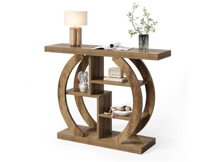 LITTLE TREE Konsolentisch schmal, 108 cm Sofatisch mit 4 Ablagen, Beistelltisch, Ausstellungstisch, Flurtisch, Metallgestell für Wohnzimmer, Flur, Eingang, vintagebraun