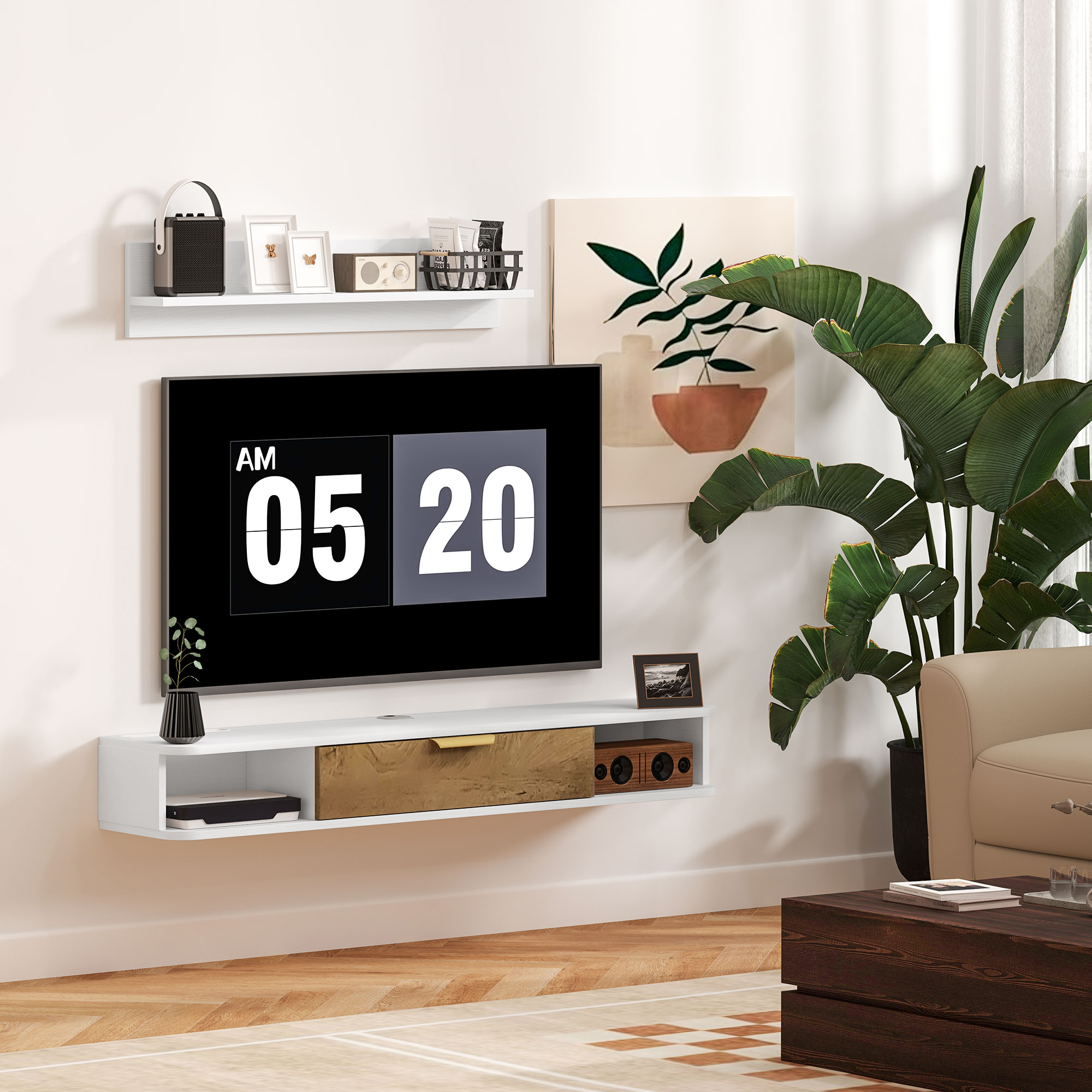 Homcom Set mobile TV sospeso con mensola da parete mobile televisore in legno passacavi 120 x 24 x 16 cm bianco   Aosom Italy