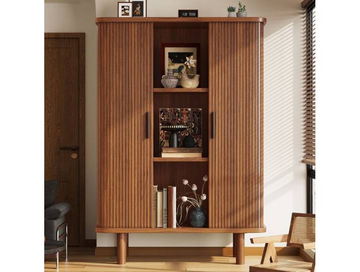 Buffet haut AESVAR 110x40x160 cm porte à volet roulant façade striée marron foncé