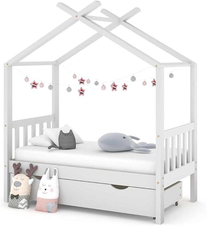 Kinderbett mit Schublade aus massivem Kiefernholz Weiß 70x140 cm Bettrahmen mit Lattenrost und Stauraum für Kinderzimmer Schlafplatz mit Rausfallschutz und umbaubarem Design