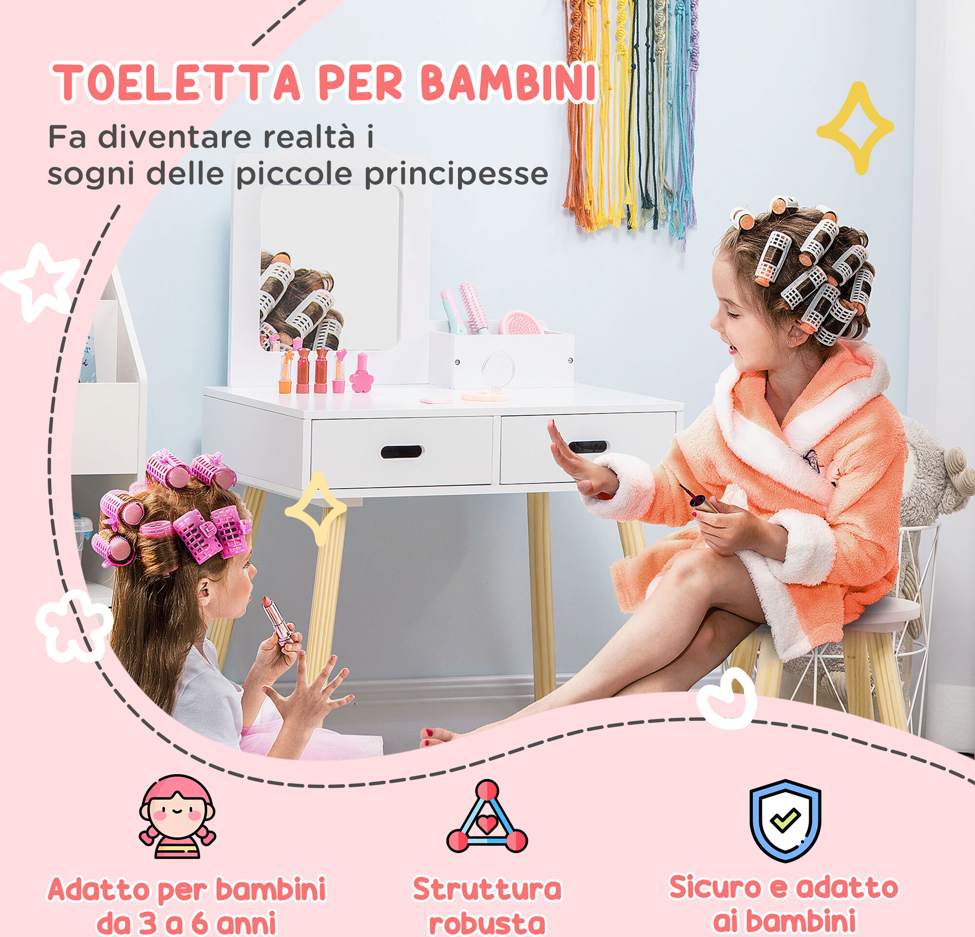 Altro Set Toeletta Per Bambini Con Tavolo Trucco E Sgabello, Specchio E 2 Cassetti, Bianco E Colore Legno