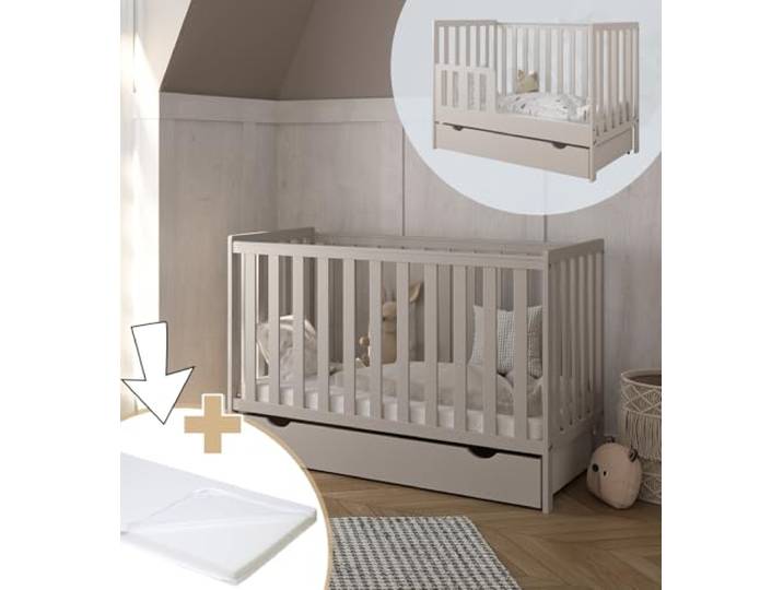 zee Bambi Kaschmir Babybett 120x60 cm 2in1 mit Matratze, Schublade & Schutzbarriere Klassisches Gitterbett 3-Fach Höhenverstellbar Kinderbett mit Beißschutz & zu Juniorbett umbaubar