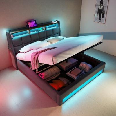 Queen Upholstered Platform Bed with Hydraulic Storage, LED Lighting & Built-In Charging Station, with Side Pockets