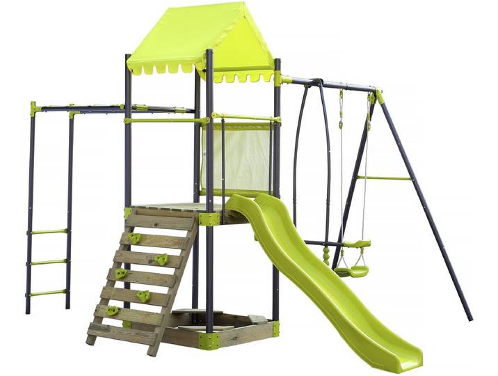 Aire de jeu portique en métal avec toboggan et bac a sable Lucien - Vert
