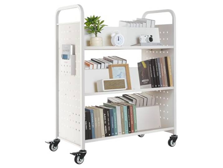 VEVOR Chariot à Livres\, Capacité de Charge 150 kg\, Chariot de Bibliothèque\, 97x51\,5x122\,5 cm\, Étagère de Rangement Livres Double Face en W avec Roulettes Double Frein\, pour Salon\, Bureau\, École\, Blanc
