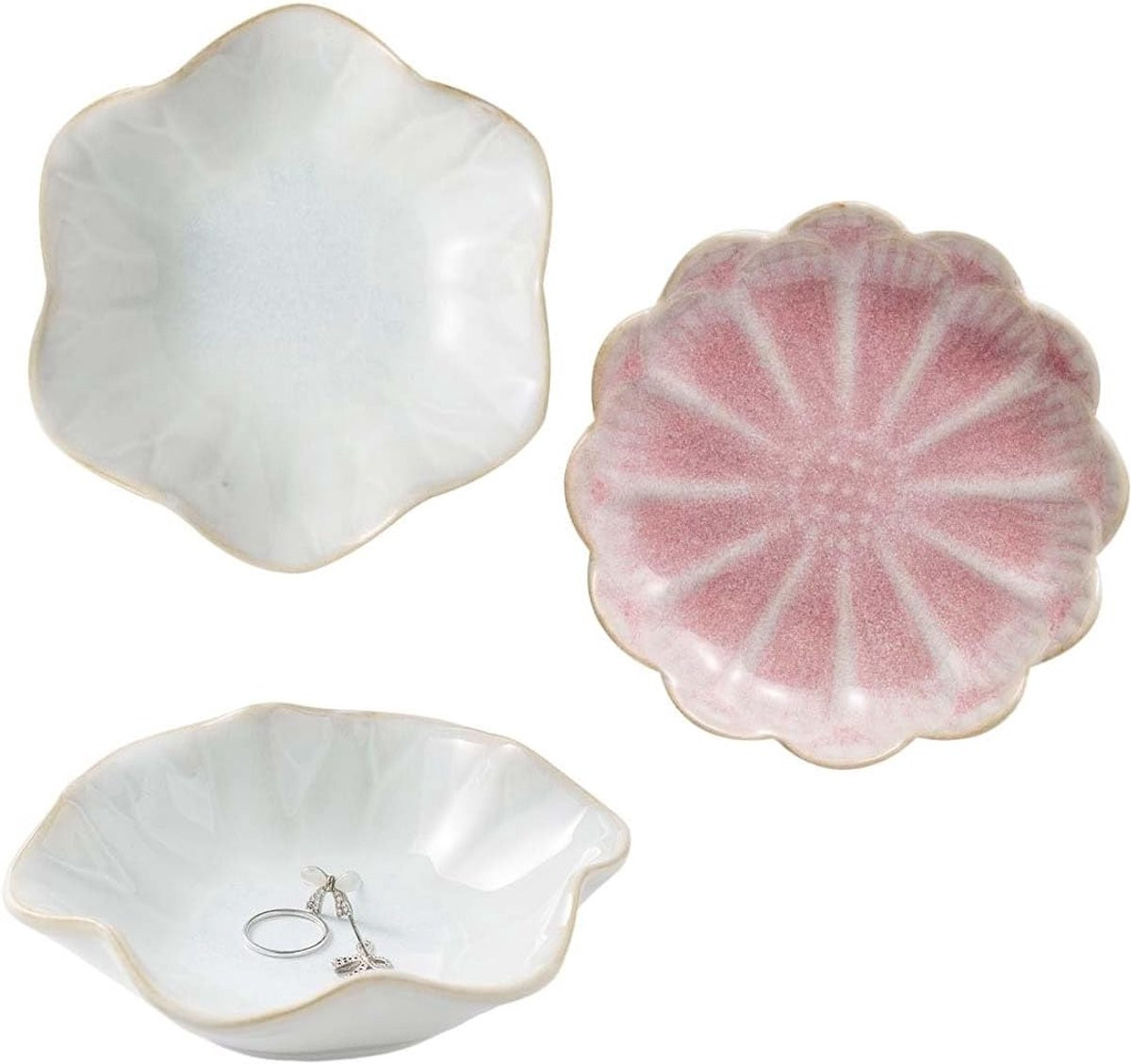 Decoratieve Keramische Schaal voor Sieraden of Sleutels - Bloemvormig Bordje Roze/Wit