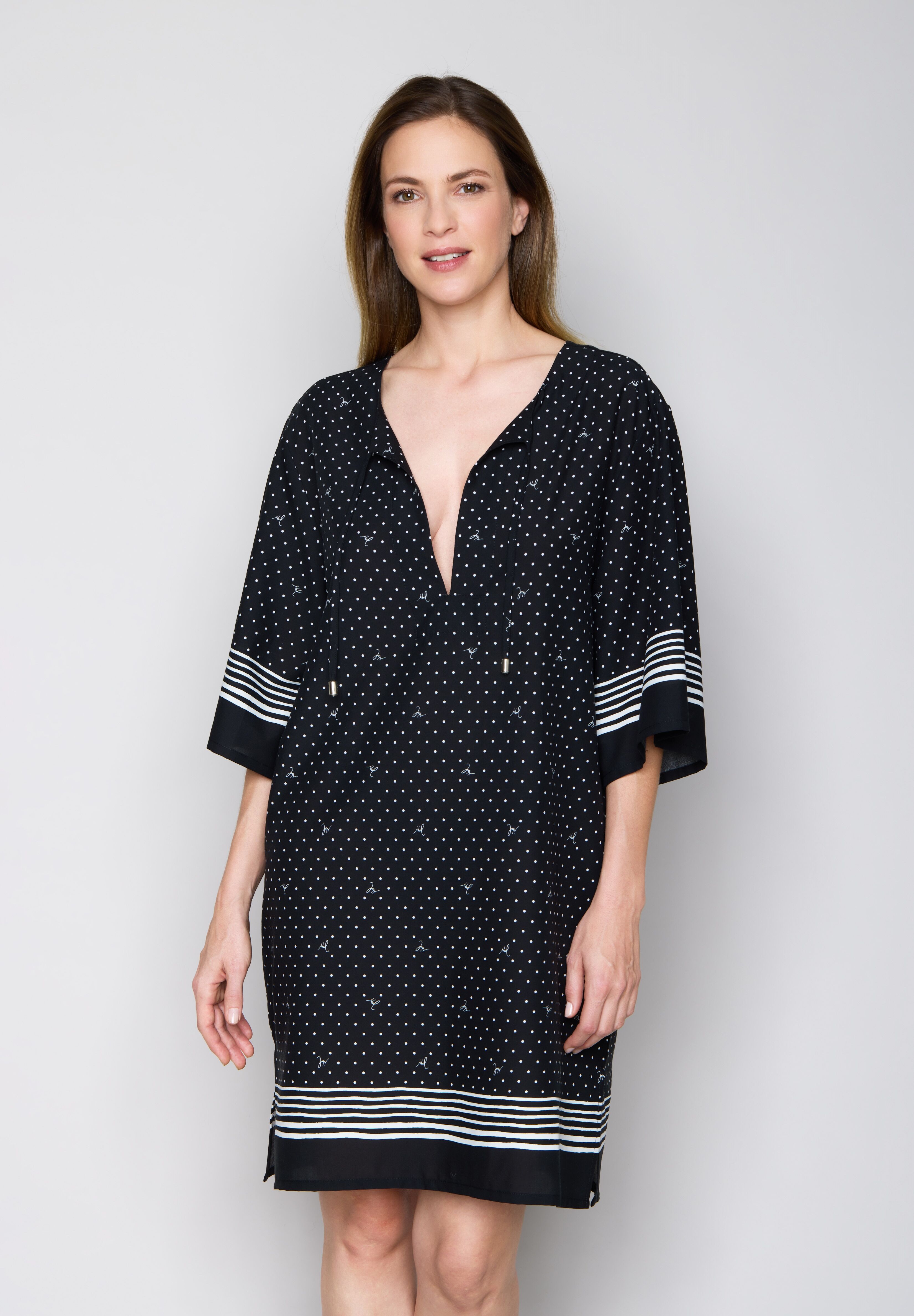 Joop! Strandkleid JOOP "Brismar Beach", Damen, Gr. 34, N-Gr, Jersey, schwarz-weiss (schwarz beauty aop), Jersey, Obermaterial: 50% Baumwolle, 50% Modal, Kleider Strandkleid schwarz beauty aop 34, N-Gr, Jersey
