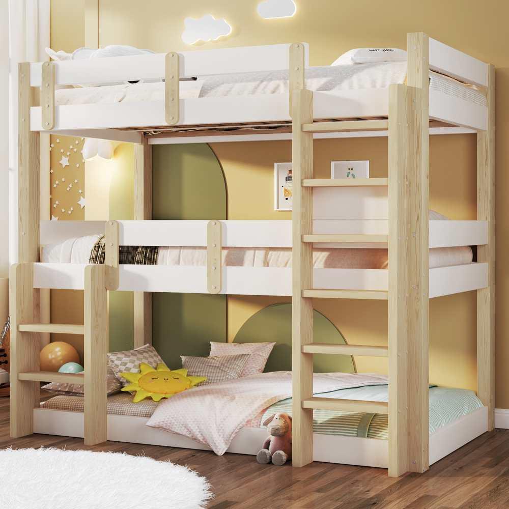 Hochbett Triple, für Kinder, Jugendliche & Erwachsene, modernes Design in Weiß und Naturholz - platzsparend & robust, Maße 90x190 cm.