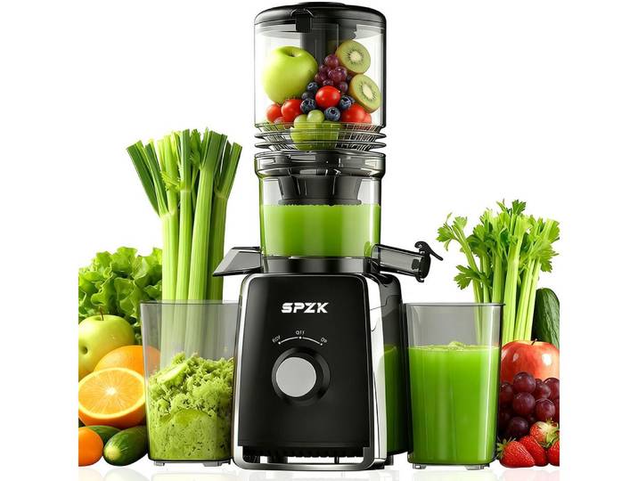 SPZK Entsafter Vertikaler Slow Juicer Kaltpress‑Entsafter mit großem Einfüllschacht, Hohe Saftausbeute, Umkehrfunktion, für Obst Gemüse Smoothie und Sorbet