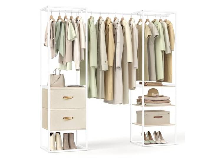 SONGMICS Kleiderständer, 2 Schubladen, 4 Ablagen, ausziehbare Stange Offener Kleiderschrank, hochbelastbar, platzsparend, für Schlafzimmer, Naturbeige und Mattweiß, BLOCHIC Kollektion RGR003W67