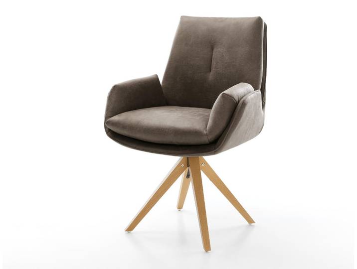 DELIFE Drehstuhl Clea-Flex Mikrofaser Taupe Vintage Holzgestell kantig Natur 360° drehbar