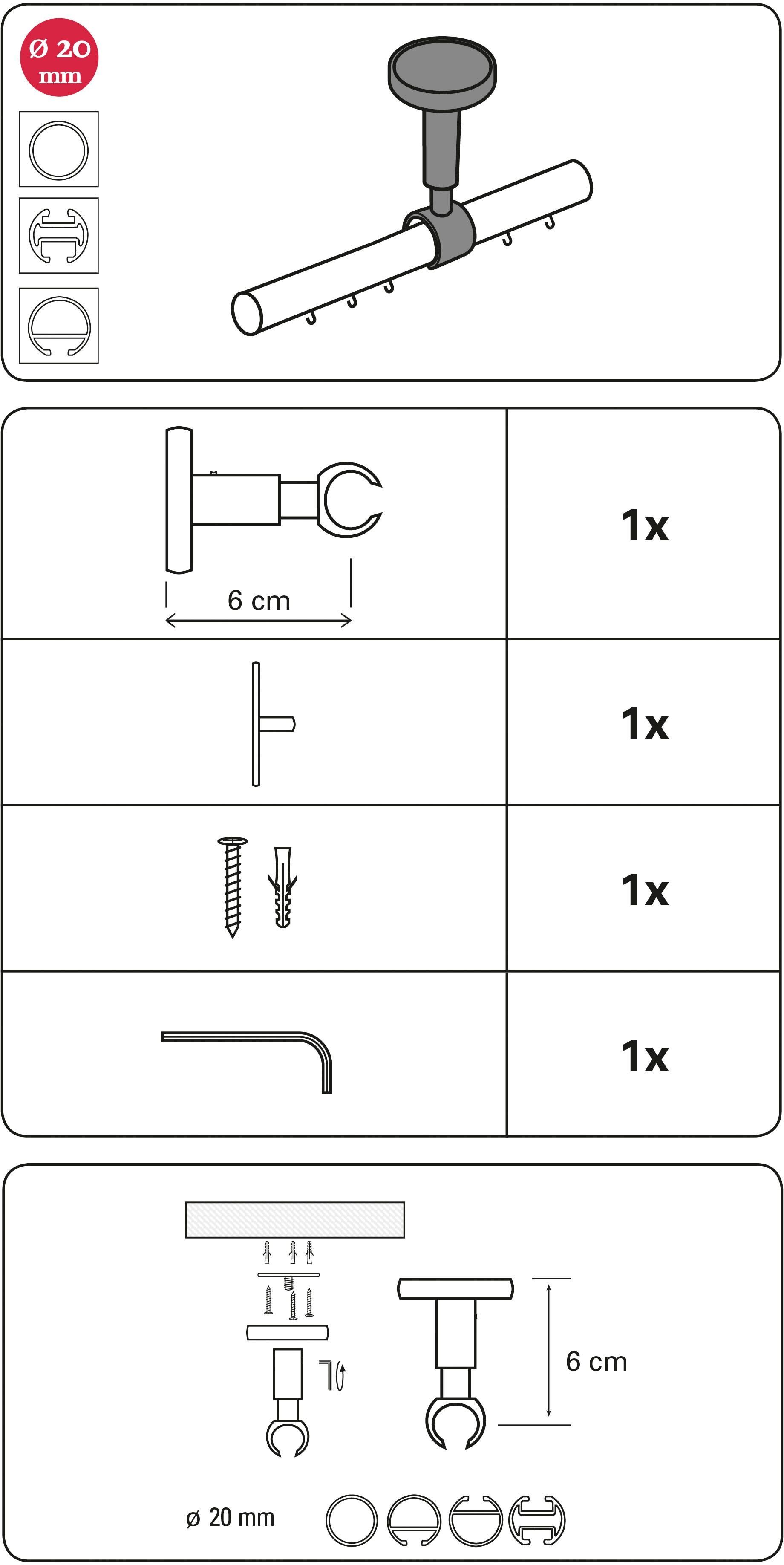 Deckenträger für Gardinenstangen GARDINIA Gr. 1, grau (titansilberfarben), L:6cm, Gardinenstangenhalterungen, Deckenträger für Gardinenstangen, Serie Einzelprogramm Chicago Ø 20 mm titansilberfarben L: 6cm